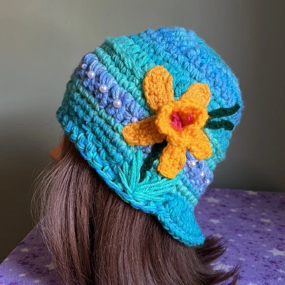 Crochet daffodil newsboy baseball hat medium acrylic yarn new - Picture 7 of 11